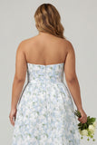 Strapless Blue White Floral Print A-Line Long Satin Plus Size Bridesmaid Dress with Pockets