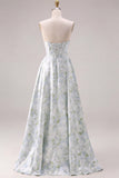 Blue Strapless Print A-Line White Floral Long Satin Dress with Pockets