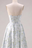 Blue Strapless Print A-Line White Floral Long Satin Dress with Pockets