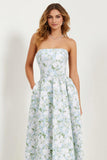 Blue Strapless Print A-Line White Floral Long Satin Dress with Pockets