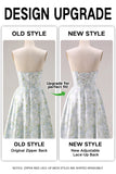 Blue Strapless Print A-Line White Floral Long Satin Dress with Pockets