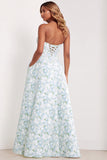 Blue Strapless Print A-Line White Floral Long Satin Dress with Pockets