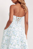 Blue Strapless Print A-Line White Floral Long Satin Dress with Pockets
