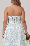 Blue Strapless Print A-Line White Floral Long Satin Dress with Pockets