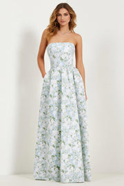 Blue Strapless Print A-Line White Floral Long Satin Dress with Pockets