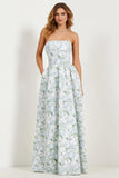 Blue Strapless Print A-Line White Floral Long Satin Dress with Pockets