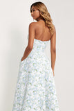 Blue Strapless Print A-Line White Floral Long Satin Dress with Pockets