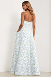 Blue Strapless Print A-Line White Floral Long Satin Dress with Pockets