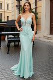 Mint Green Mermaid Appliqued Spaghetti Straps Long Prom Dress