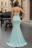 Mint Green Mermaid Appliqued Spaghetti Straps Long Prom Dress