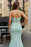 Mint Green Mermaid Appliqued Spaghetti Straps Long Prom Dress
