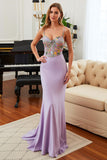 Lilac Mermaid Satin Spaghetti Straps Long Prom Dress with Appliques