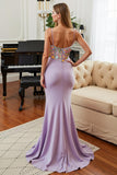 Lilac Mermaid Satin Spaghetti Straps Long Prom Dress with Appliques