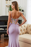 Lilac Mermaid Satin Spaghetti Straps Long Prom Dress with Appliques