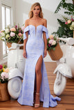 Blue Jacquard Off The Shoulder Mermaid Long Prom Dress with Slit
