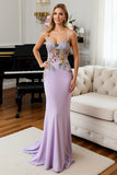 Lilac Mermaid Satin Spaghetti Straps Long Prom Dress with Embroidery