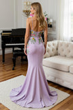 Lilac Mermaid Satin Spaghetti Straps Long Prom Dress with Embroidery