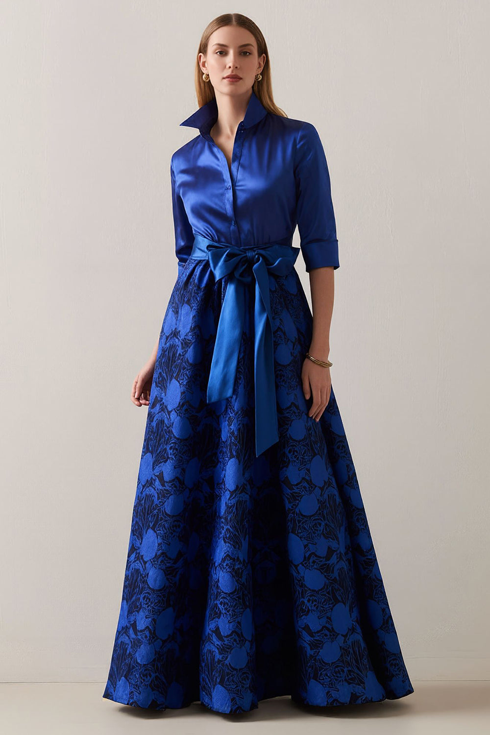 WEDTREND Women Mother Of The Bride Dress with Sash Blue White Floral Satin A-Line Half Sleeves Wedding Party Dress WEDTREND Women Mother Of The Bride Dress with Sash Blue White Floral Satin A-Line Half Sleeves Wedding Party Dress