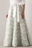 Blue Satin A-Line Half Sleeves White Floral Long Mother Of The Bride Dress with Sash