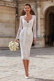 Ivory Lace Sheath Midi Bridal Shower Dress with Long Sleeves
