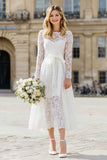 Ivory Lace A-Line Midi Bridal Shower Dress With Long Sleeves