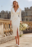 Ivory Sheath V-Neck Ruched Courthouse Wedding Dress With Slit
