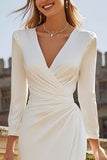 Ivory Sheath V-Neck Ruched Courthouse Wedding Dress With Slit