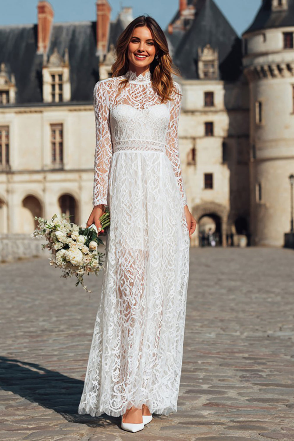 Wedtrend Women Ivory Lace Boho Wedding Dress A-Line High Neck Maxi Engagement Dress With Long Sleeves, Ivory / US16