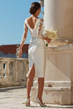 Satin Sheath Appliqued Ivory Midi Bridal Shower Dress With 3/4 Sleeves