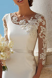 Satin Sheath Appliqued Ivory Midi Bridal Shower Dress With 3/4 Sleeves