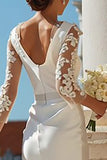 Satin Sheath Appliqued Ivory Midi Bridal Shower Dress With 3/4 Sleeves