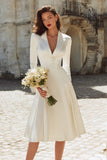 Ivory A-Line Satin V-Neck Courthouse Wedding Dress