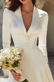 Ivory A-Line Satin V-Neck Courthouse Wedding Dress