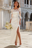 Ivory Sheath Appliqued Engagement Dress With Slit