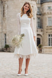 Ivory A-Line Lace Bridal Shower Dress with Long Sleeves