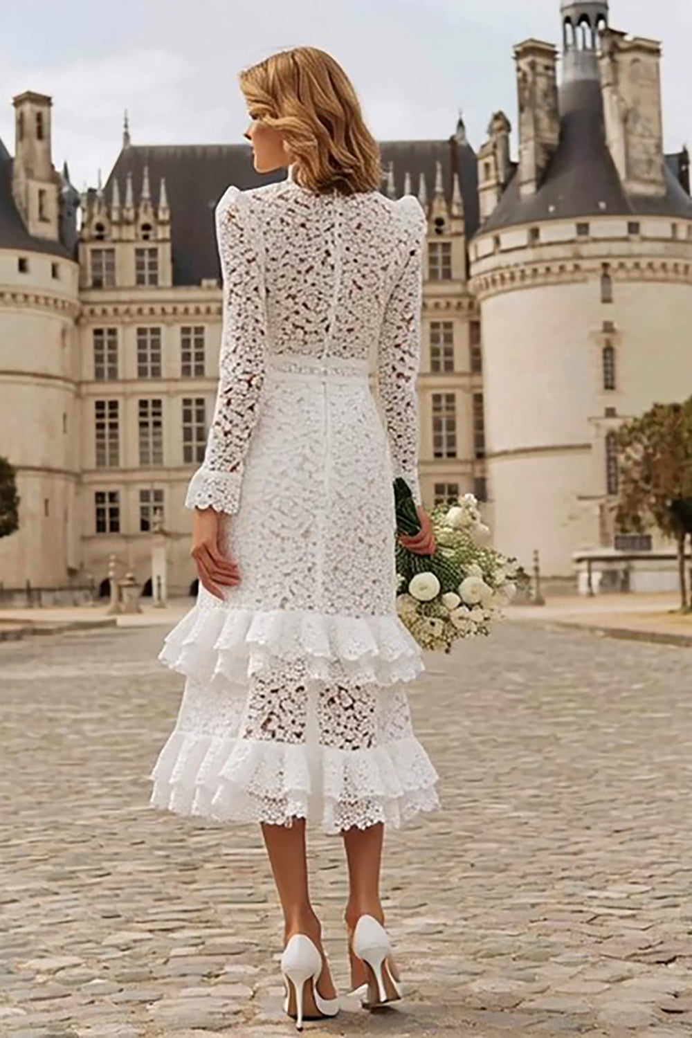 Wedtrend Women Lace Ivory Bridal Shower Dress Mermaid Ruffled High Neck Midi Rehearsal Dinner Dress With Long Sleeves, Ivory / US24W