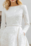 Ivory A-Line Jacquard High-Low Bridal Shower Dress With Long Sleeves