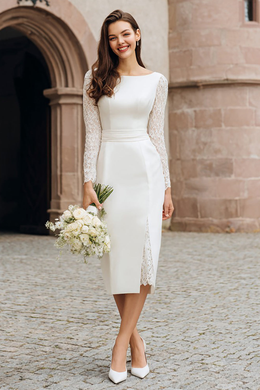 rehearsal dinner dress bride Wedtrend Women Ivory Rehearsal Dinner Dress Bateau Neck Sheath Lace Long Sleeve Midi Bridal Shower Dress – WEDTREND
