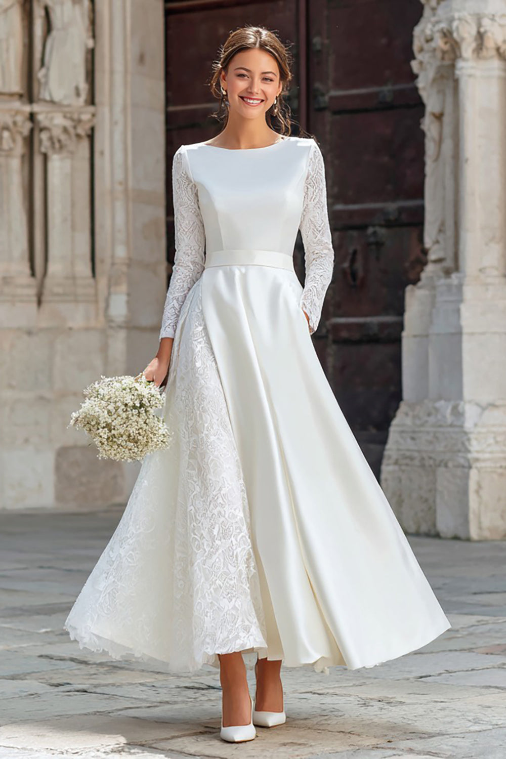 Wedtrend Women Elegant Ivory Engagement Photo Dress Satin Lace A-Line Bateau Neck Bridal Shower Dress With Long Sleeves, Ivory / US12