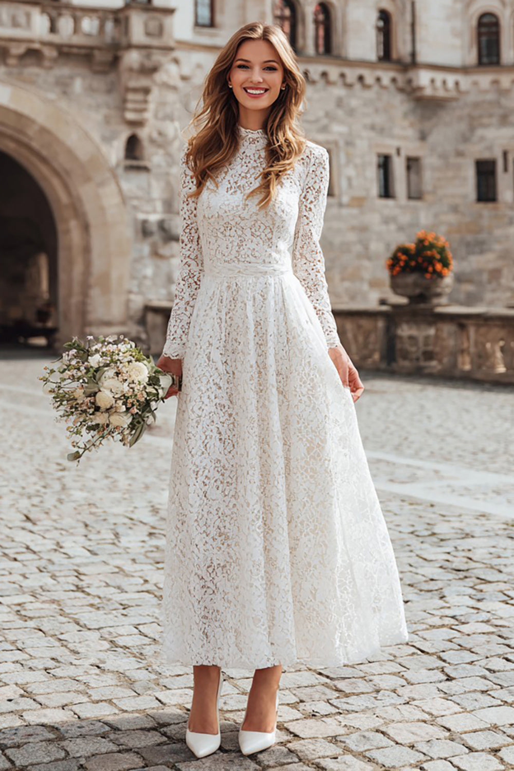 Wedtrend Women Ivory Lace Bridal Shower Dress A-Line Long Sleeve