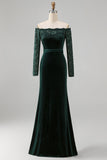 Dark Green Plus Size Off the Shoulder Velvet Lace Mermaid Formal Dress with Long Sleeves