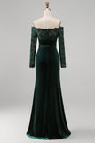 Dark Green Plus Size Off the Shoulder Velvet Lace Mermaid Formal Dress with Long Sleeves