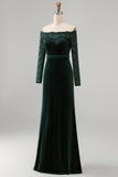 Dark Green Plus Size Off the Shoulder Velvet Lace Mermaid Formal Dress with Long Sleeves