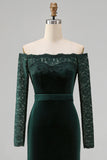 Dark Green Plus Size Off the Shoulder Velvet Lace Mermaid Formal Dress with Long Sleeves