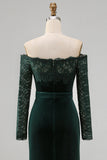 Dark Green Plus Size Off the Shoulder Velvet Lace Mermaid Formal Dress with Long Sleeves