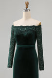 Dark Green Plus Size Off the Shoulder Velvet Lace Mermaid Formal Dress with Long Sleeves
