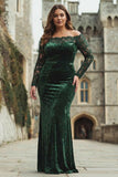 Dark Green Plus Size Off the Shoulder Velvet Lace Mermaid Formal Dress with Long Sleeves