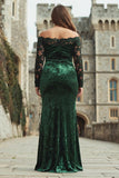 Dark Green Plus Size Off the Shoulder Velvet Lace Mermaid Formal Dress with Long Sleeves