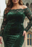 Dark Green Plus Size Off the Shoulder Velvet Lace Mermaid Formal Dress with Long Sleeves