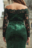 Dark Green Plus Size Off the Shoulder Velvet Lace Mermaid Formal Dress with Long Sleeves